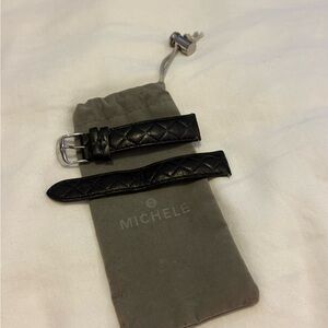 Michele Black Quilted Leather Watch Strap with Silver Buckle